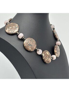 Artisan Made Jasper and Rose Quartz Statement Necklace Oxidized Sterling Clasp